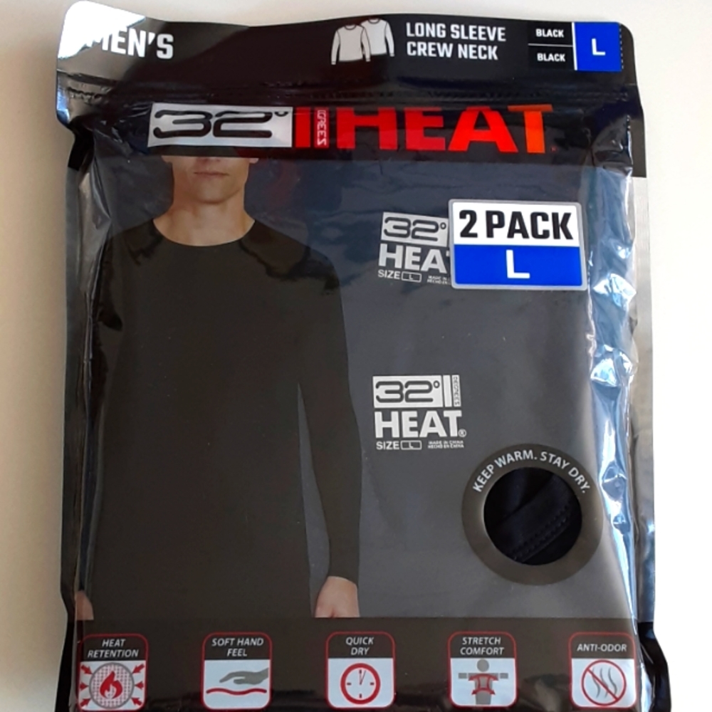 32 Degrees Heat Men's 2-Pack Soft Long Sleeve Crew Neck, Black, Size Large